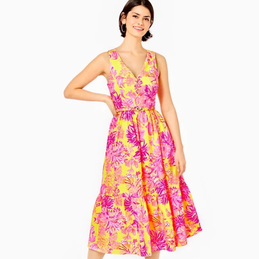 NWT Lilly Pulitzer Bri Midi Dress Calla Yellow Flora Sea Shells Pink V Neck 10 L